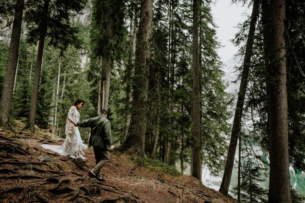 Dolomites elopement shoot at Lago Di Braies by Wild Connections Photography