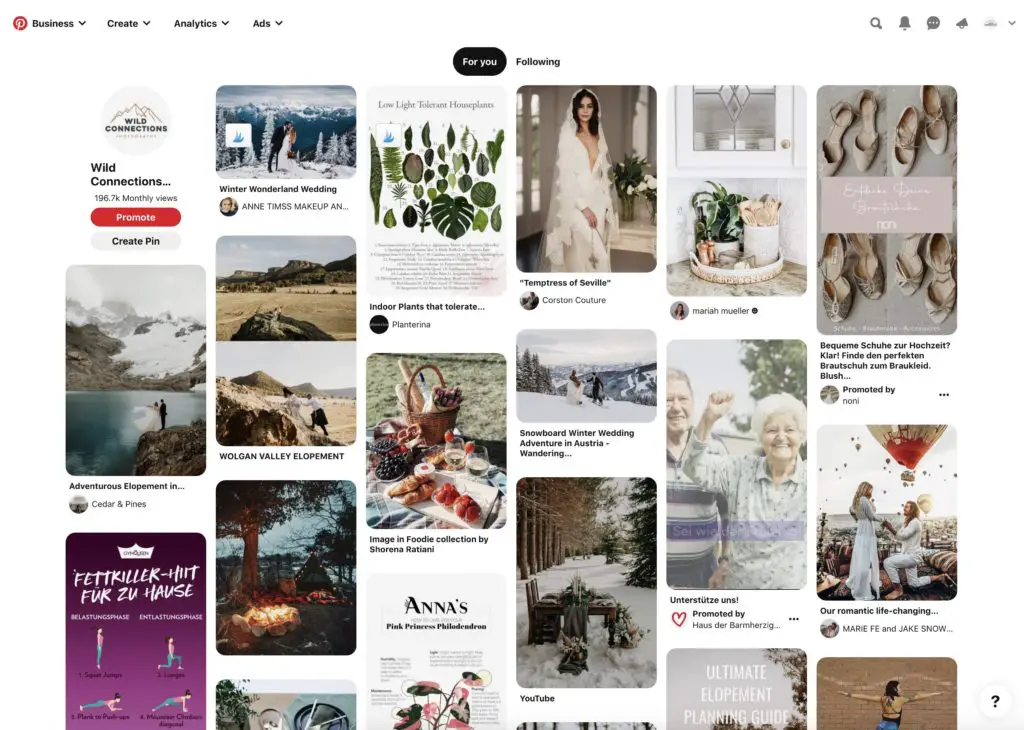 My Pinterest elopement photography business home feed screenshot