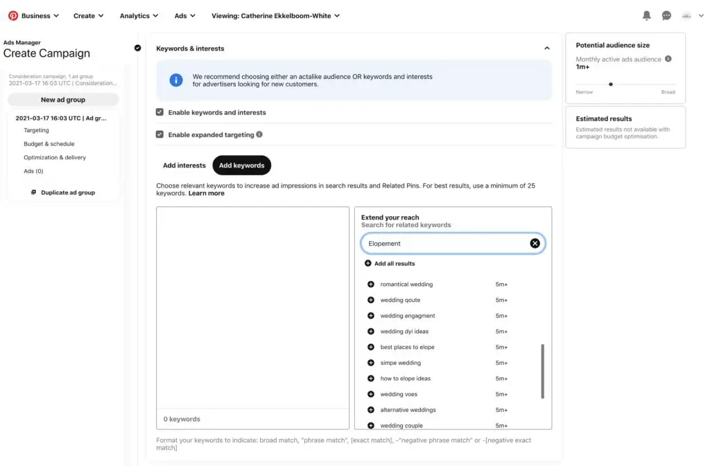 Pinterest elopement photographer keyword research screenshot