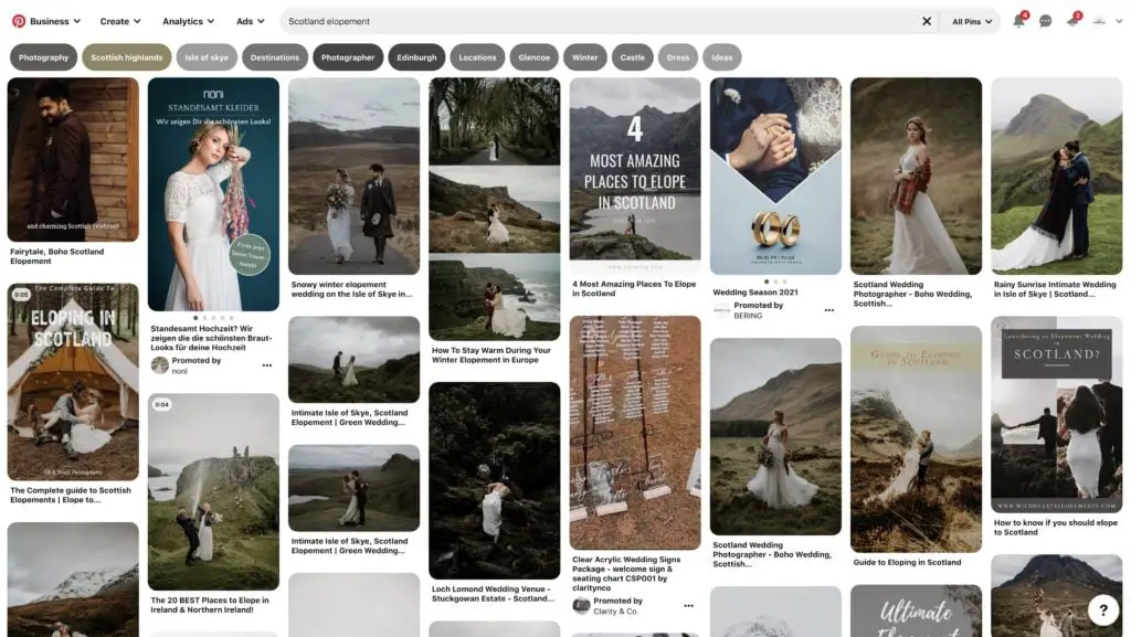 Screen shot of Pinterest Scotland Elopement query