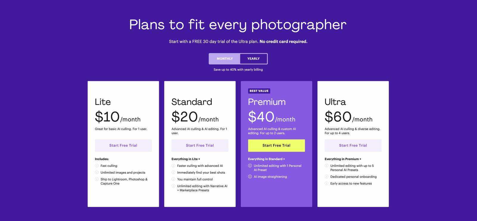 Narrative select 2025 pricing table