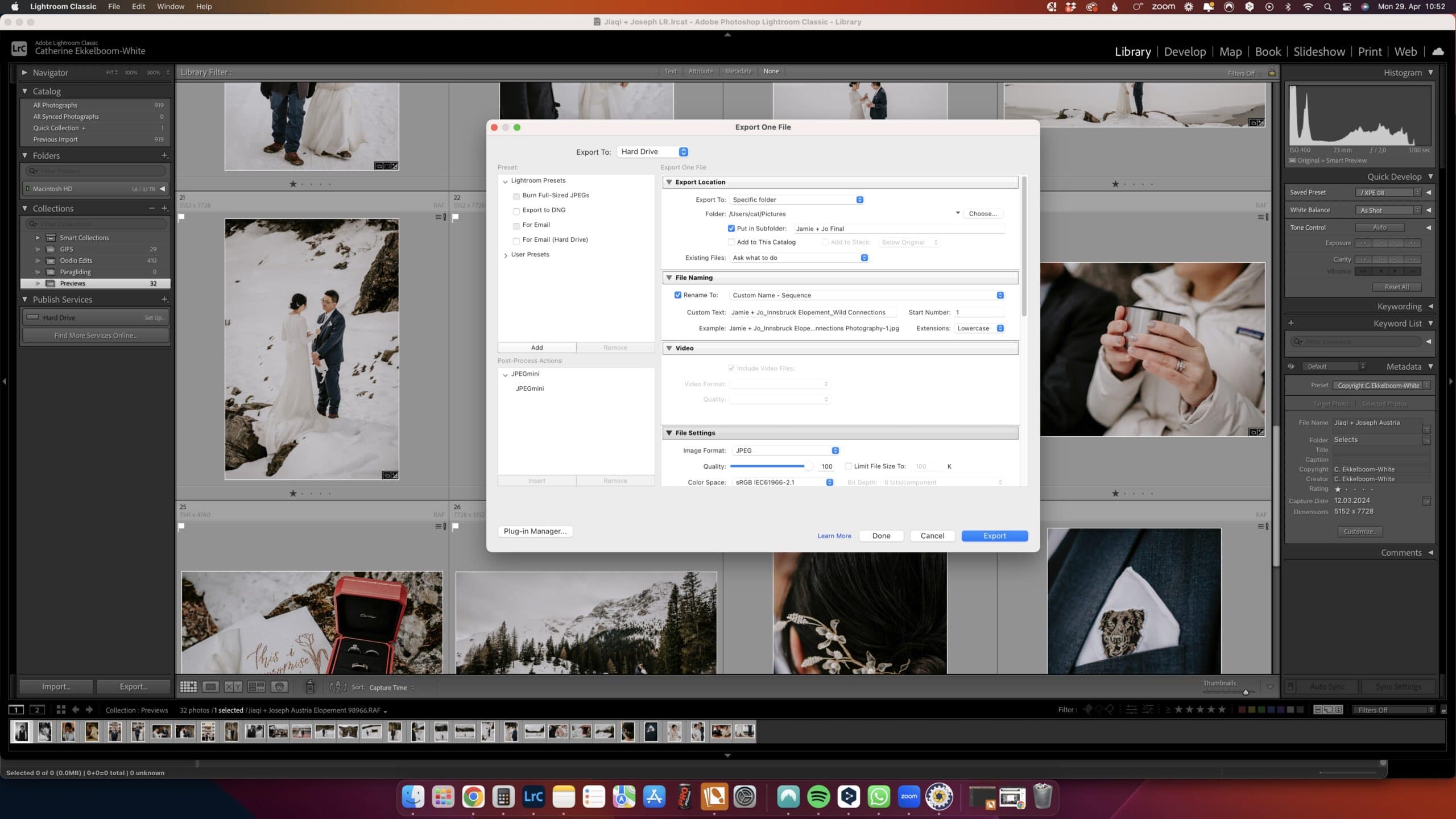 screenshot of Lightroom to show example of how to name images on export