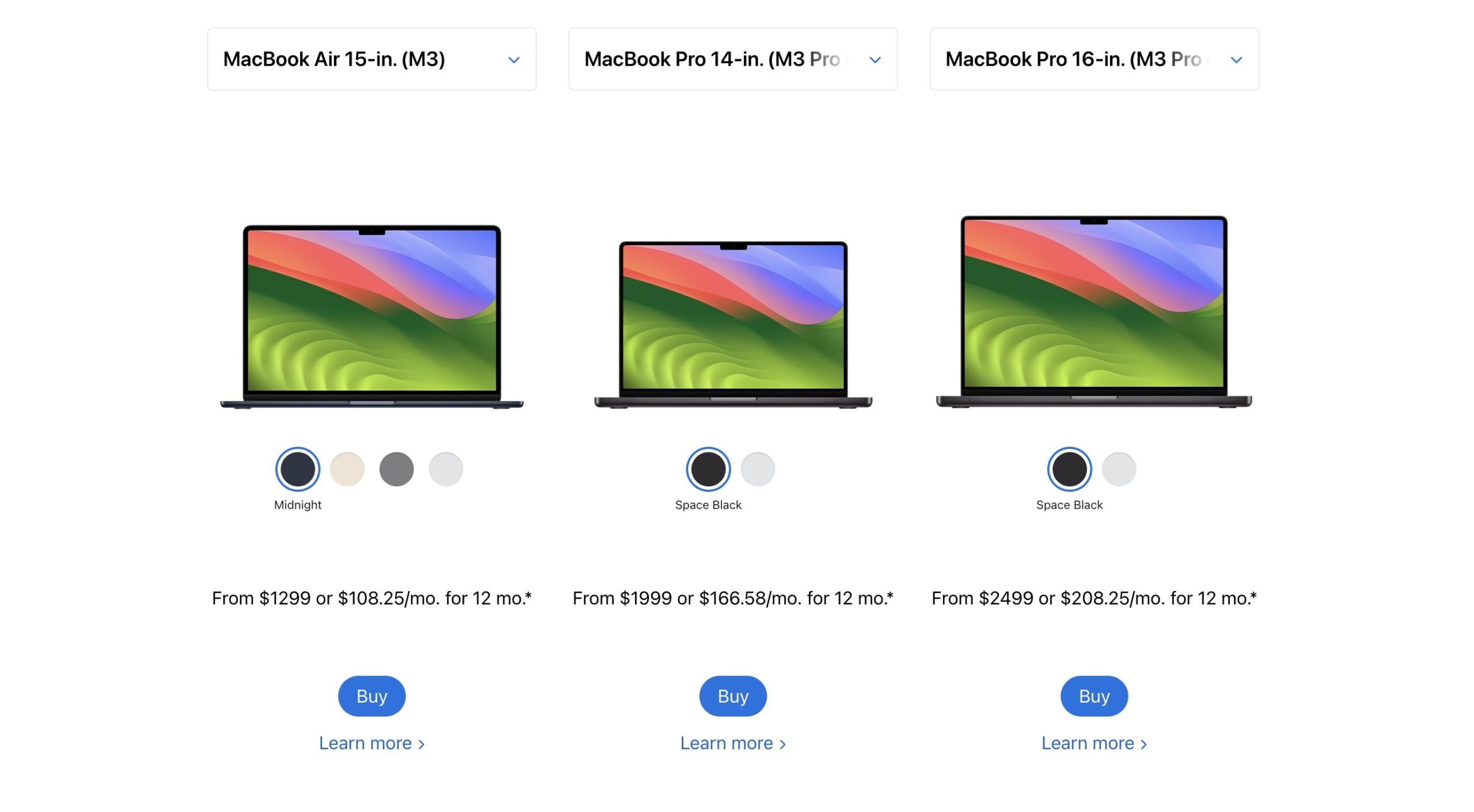 Apple MacBook 2024 comparison chart